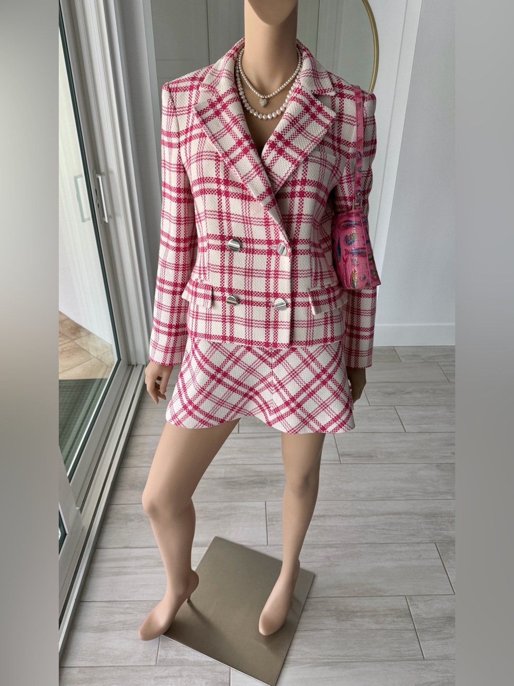 ZARA Pink & White Plaid Tweed Blazer + Matching Mini Skirt Set – Size L Like New - Picture 13 of 14